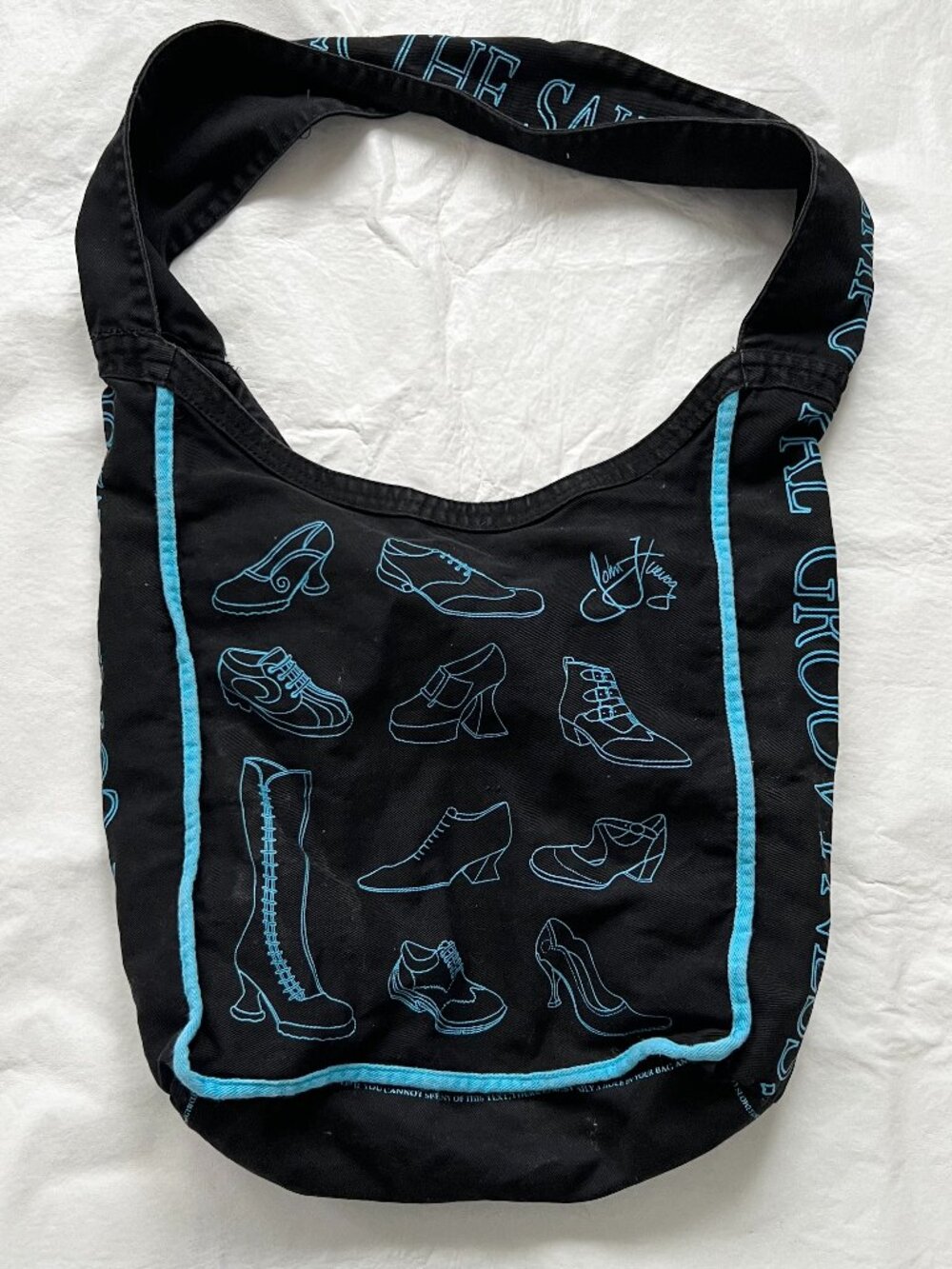 John Fluevog canvas tote shoulder bag black blue turquoise shoe print